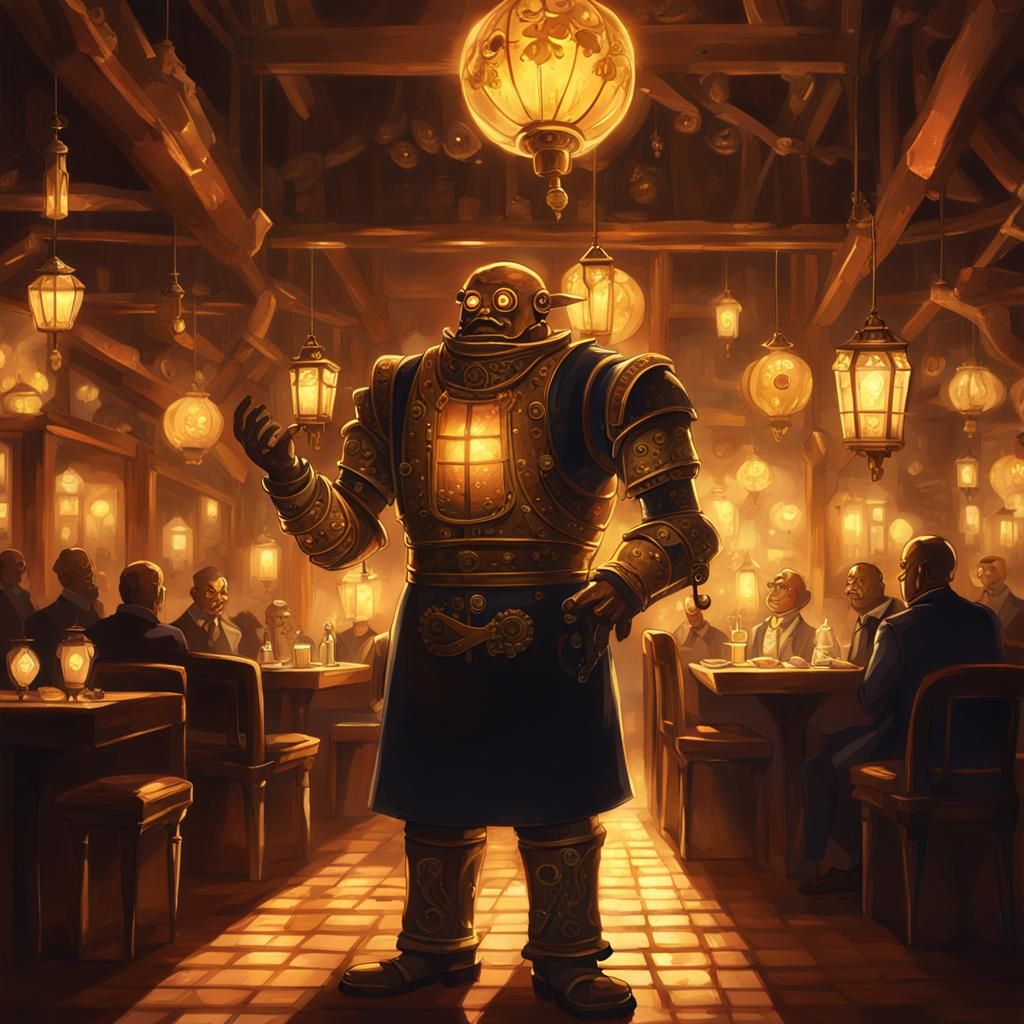 Clockwork Golem Waiter in Mystical Restaurant