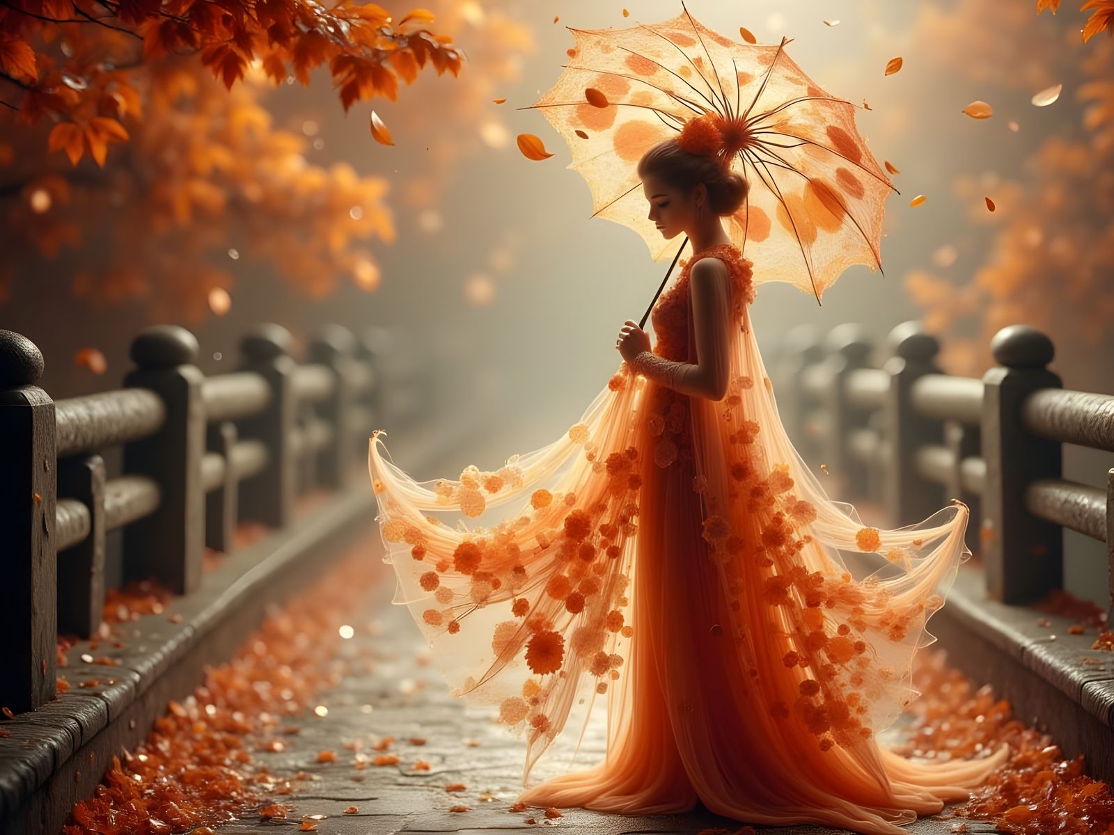 Woman in Lace Cloak in Autumn Storm, Sfumato Style