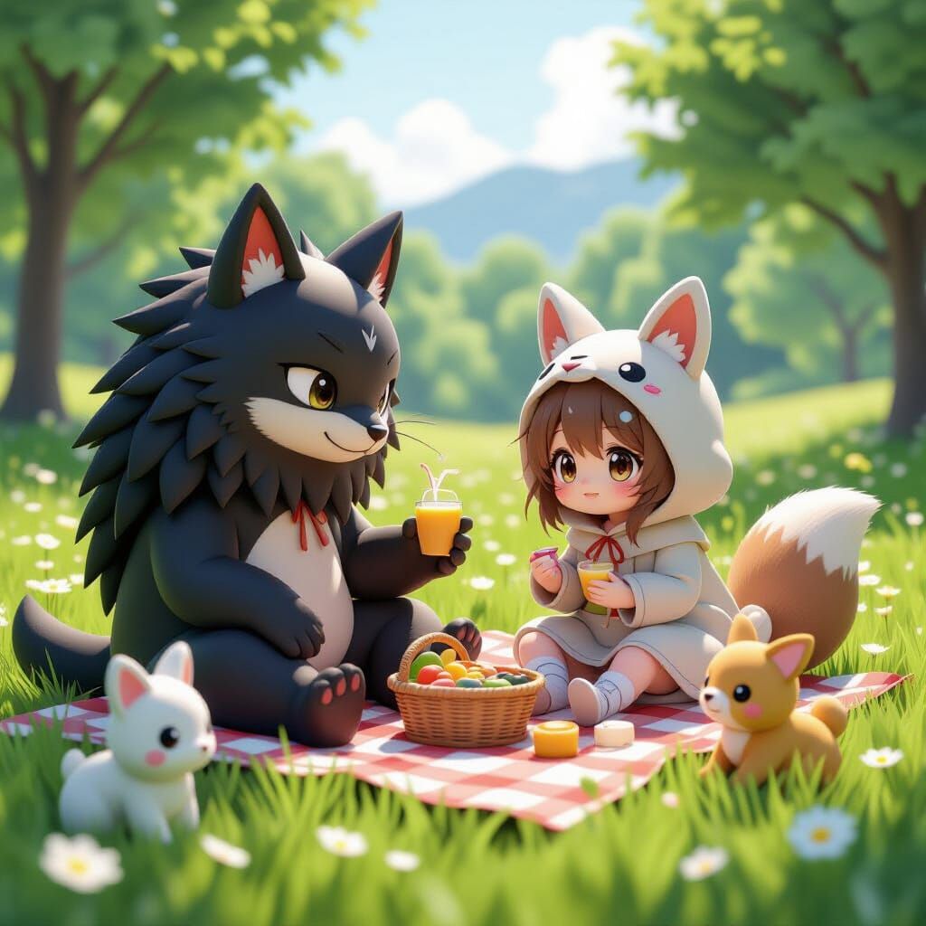 Predator and Prey Picnic in Lush Meadow, Anime Style