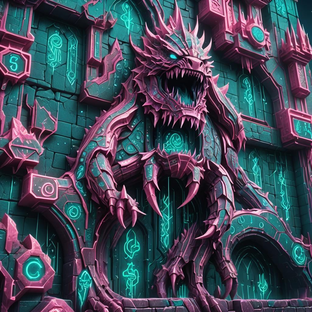 Synthwave Castle with Monster Claws in Retro-Futuristic Styl...