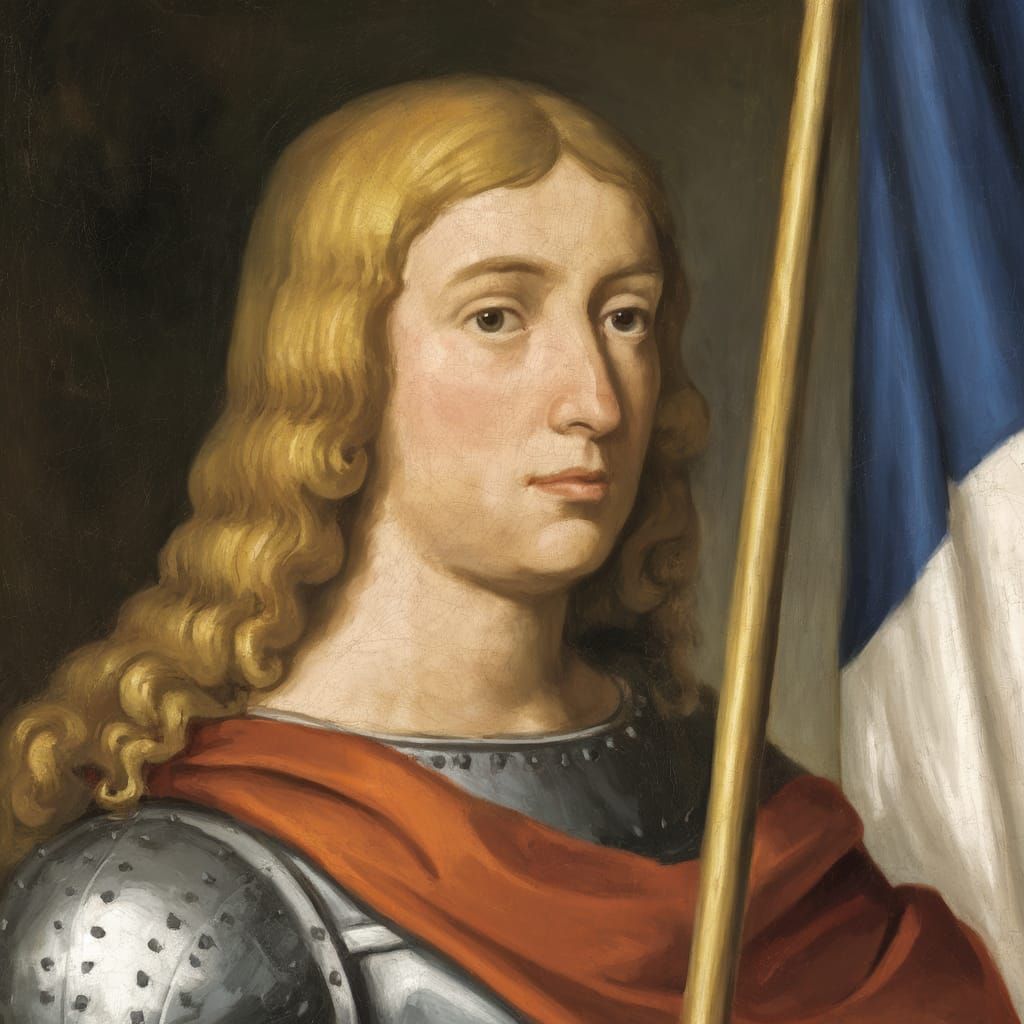 Medieval Joan of Arc with French Banner in Impressive Portra...