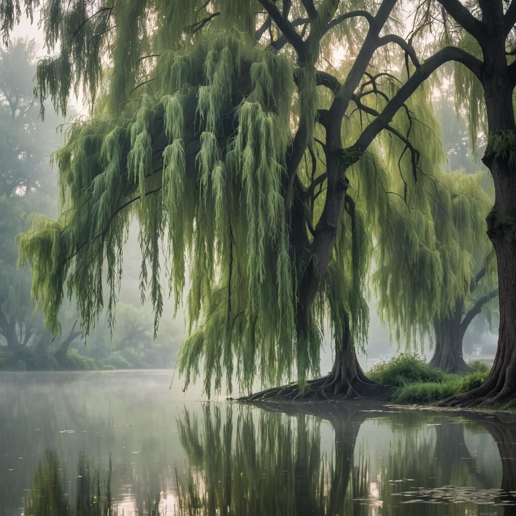 Weeping Willows Reflected in Misty Pond