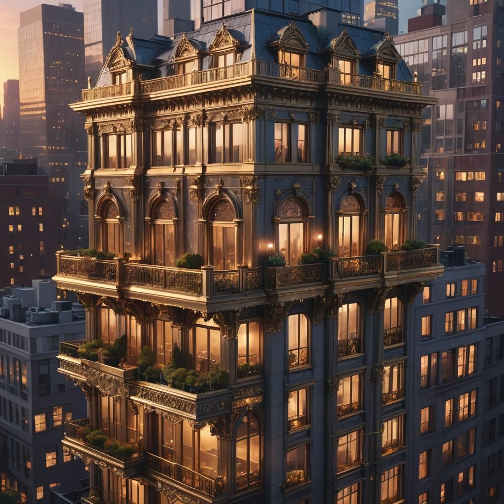 Lavish Penthouse Exterior in New York City at Dusk