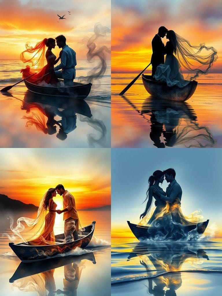 Romantic Silhouettes on a Smoke Boat in Sunset Glory