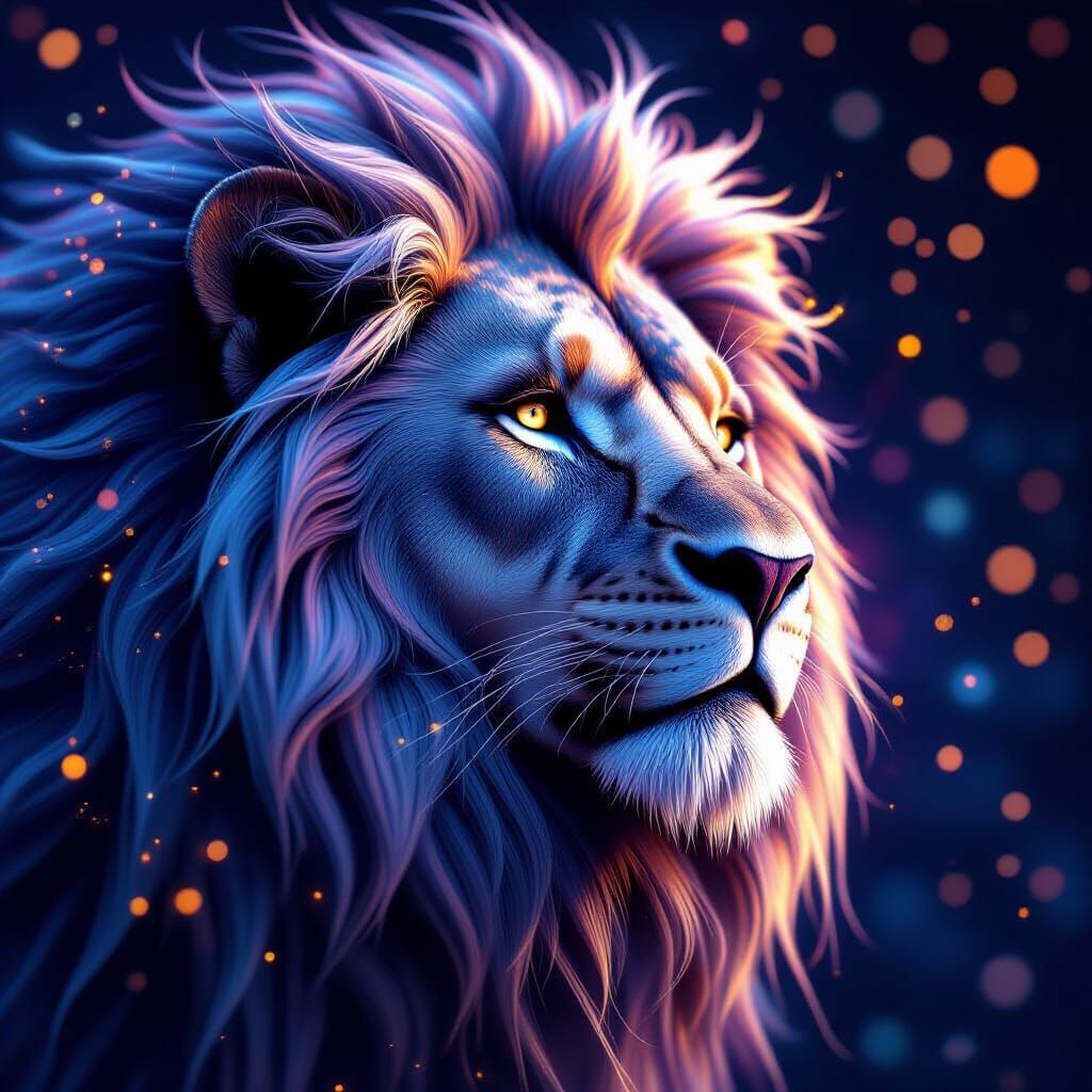 Chrome Lion with Psychedelic Mane in 3D Rendering