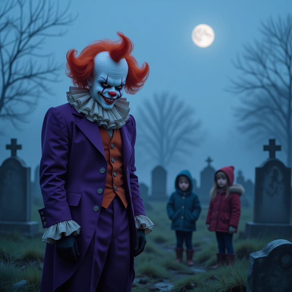 Creepy Clown in Graveyard Looking Down on Children