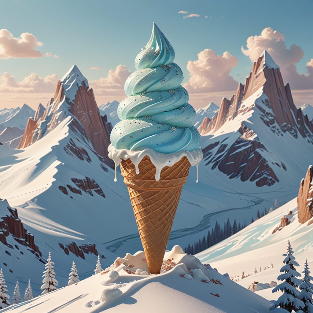 Colossal Ice Cream Cone in Snowy Mountains