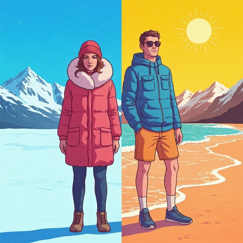 Winter vs Summer Contrast: Snow Mountains and Sunny Beach