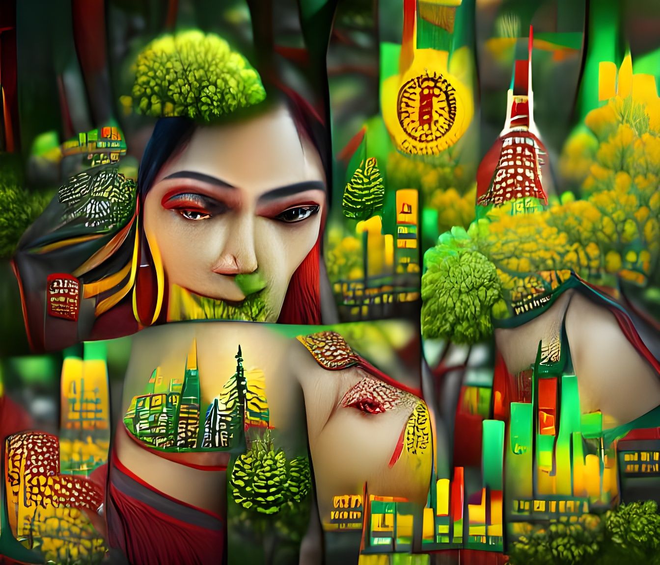 Lush Forest Cityscape in Madhubani Style