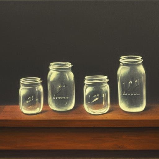 Sinister Mason Jars on Wood Shelf, Greg Rutkowski Style