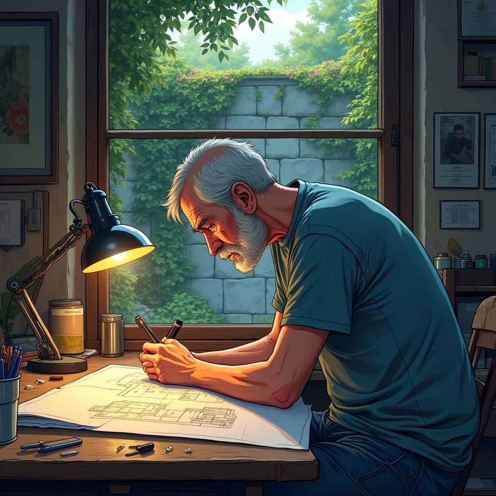 Middle-Aged Artist in Cluttered Workshop