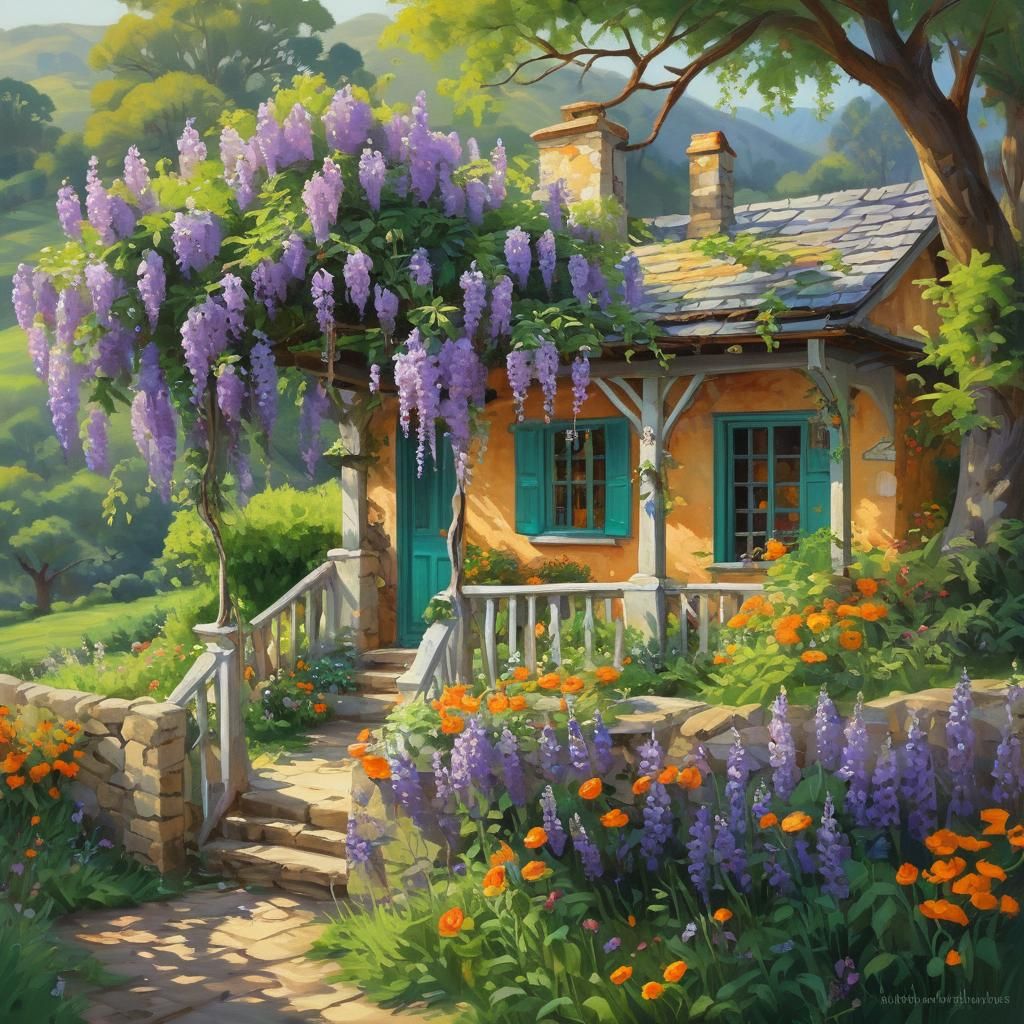 Wisteria-Covered Cottage in Rolling Hills: Impressionist Oil...