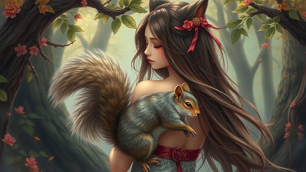 Hybrid Woman with Squirrel, Digital Oil Painting
