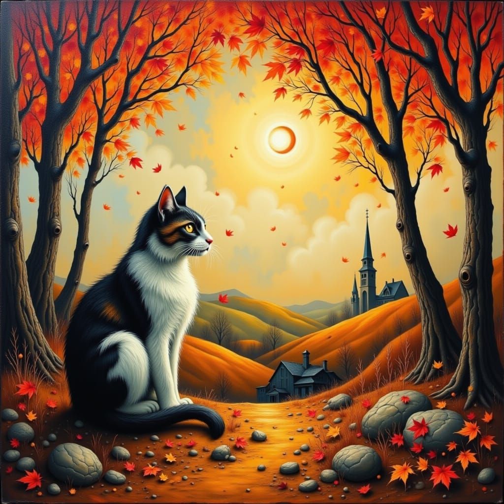 Surreal Cat in Autumn Landscape, Matte Oil Painting