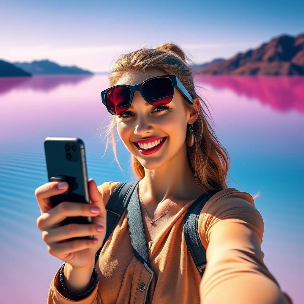 Bright-Smiling Woman Takes Selfie at Vibrant Pink Lake Hilli...