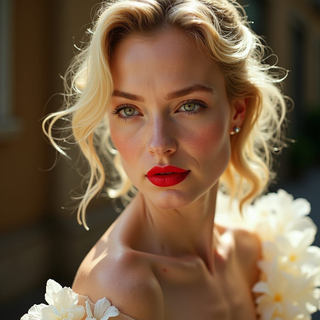 Woman in Floral Gown Exuding High-End Fashion