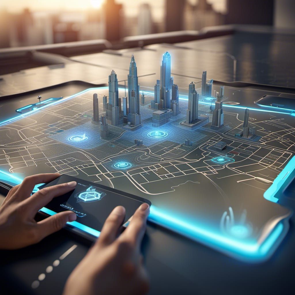 Futuristic Holographic Teleportation Map in Cyberpunk Style