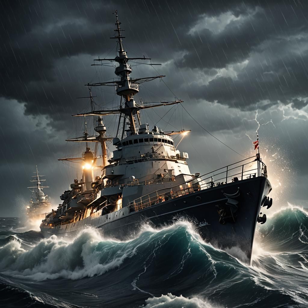 British Navy Warship Battles Stormy Sea: 3D Game Art