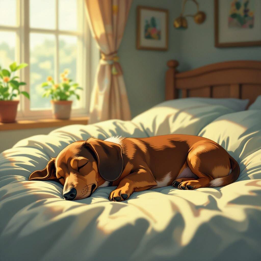 Dachshund Dog Sleeping in Sunlit Cozy Room