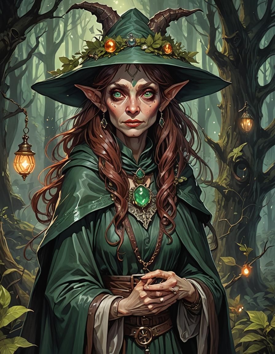 Fae Witch Maiden Casting Spell in Dark Forest