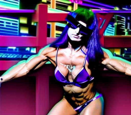 Gothic Female Bodybuilder Flexing On Stage in Vaporwave Styl...