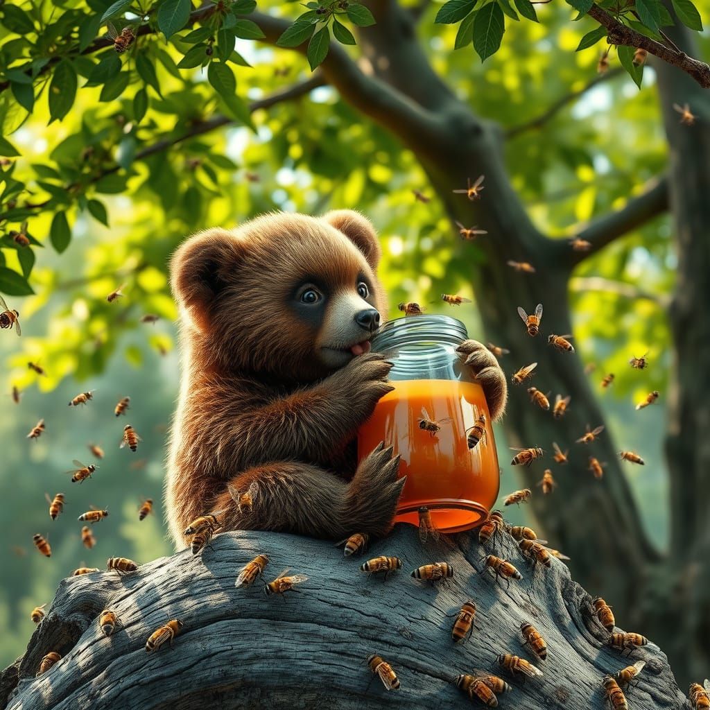 Adorable Bear Cub Enjoying Honey, Hyperrealistic Digital Art
