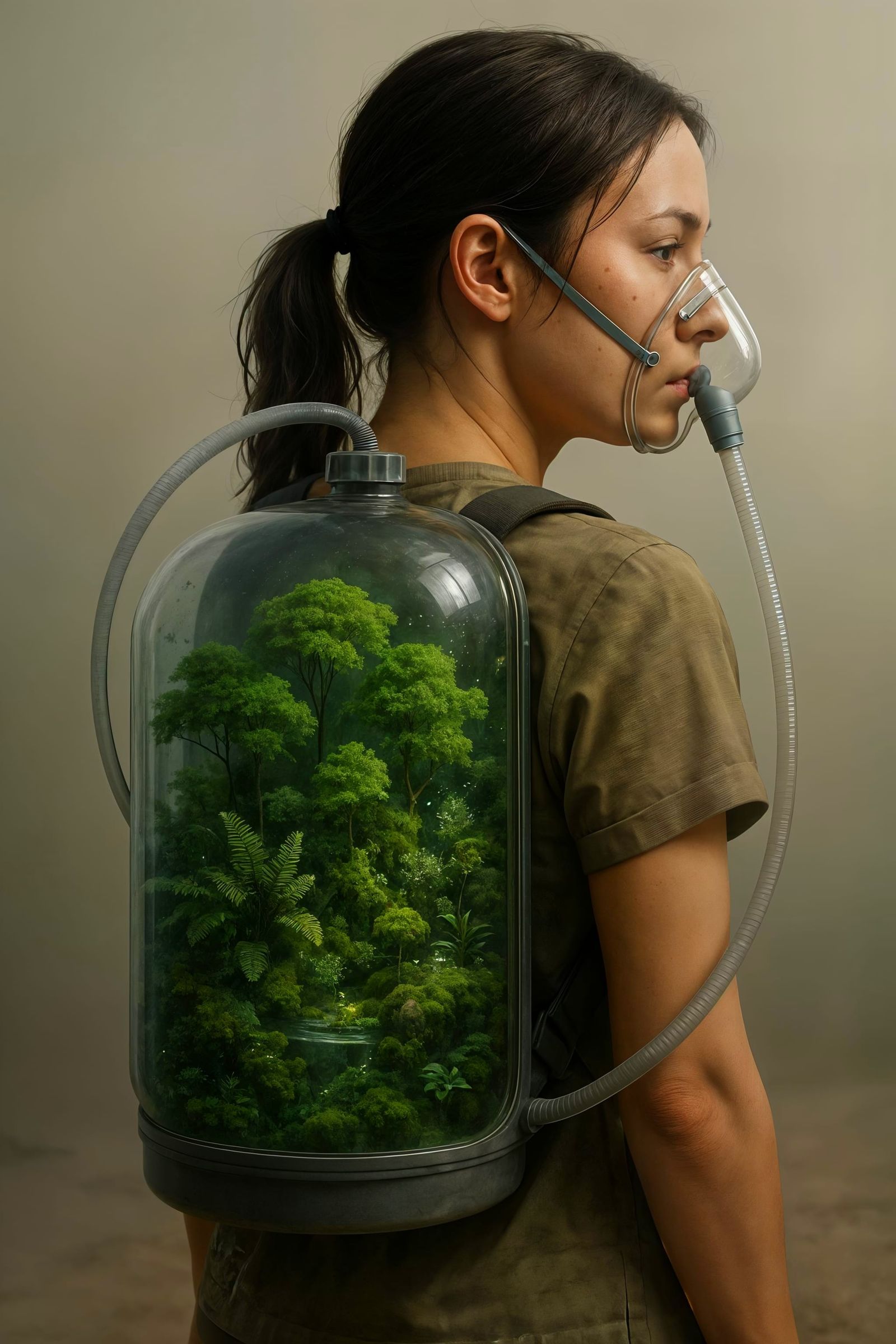 Woman with Portable Ecosystem in Hyper-Realistic Render