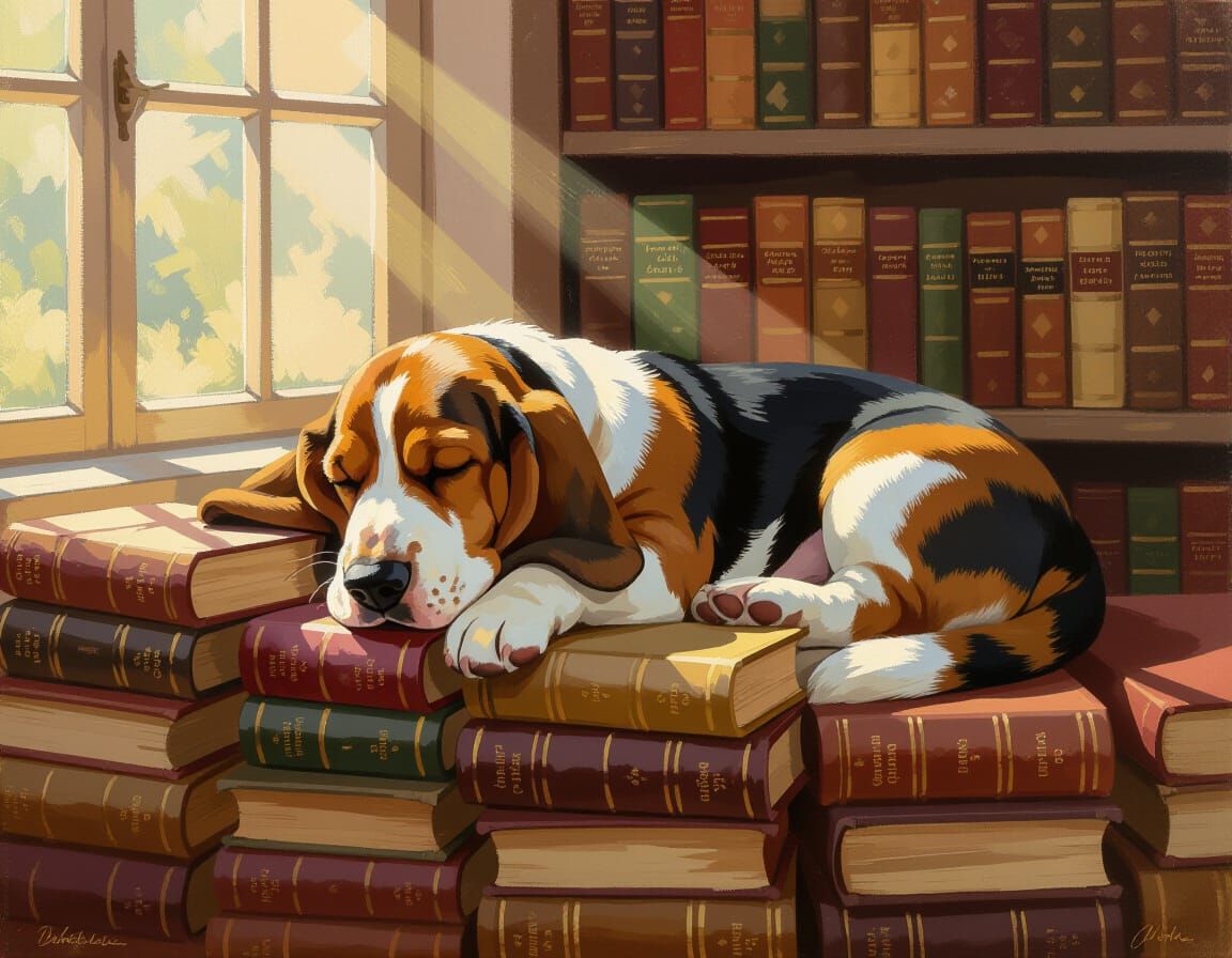 Contented Basset Hound Sleeps on Books in Sunlit Library