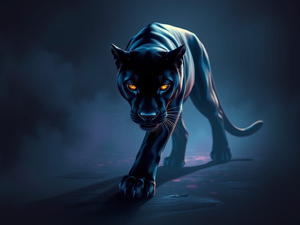 Glistening Panther Walks Forward in Ambient Light