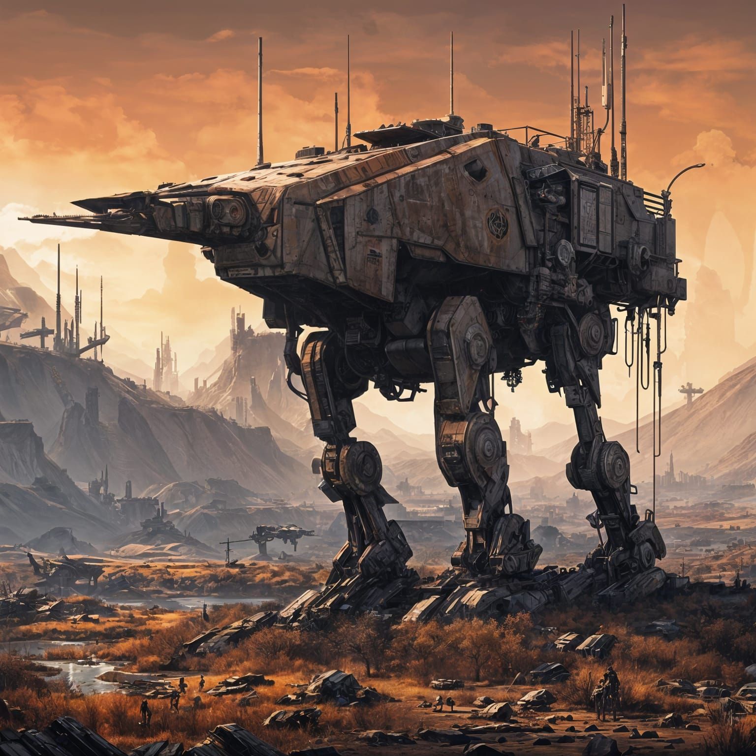 Colossal Robotic Heron Tank in Sci-fi Landscape