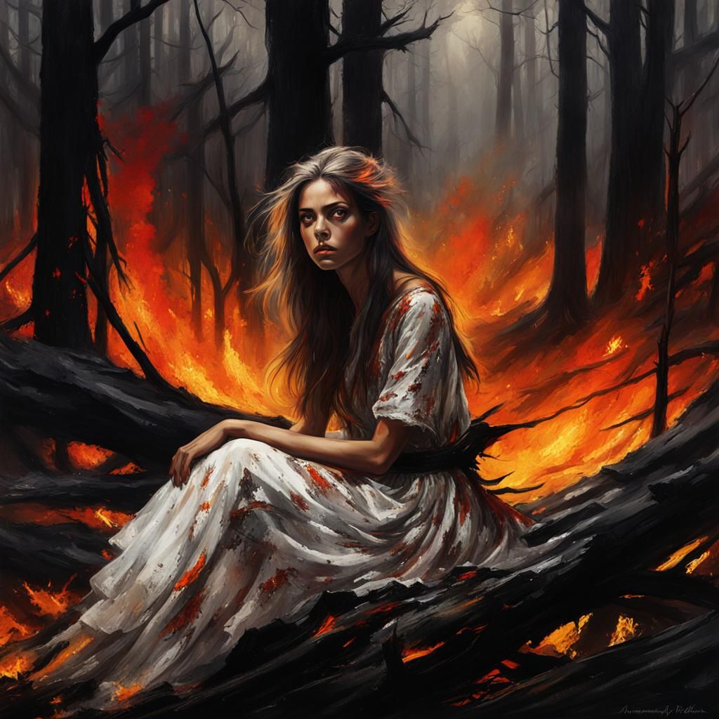 Despairing Woman in Burning Forest: Fantasy Concept Art