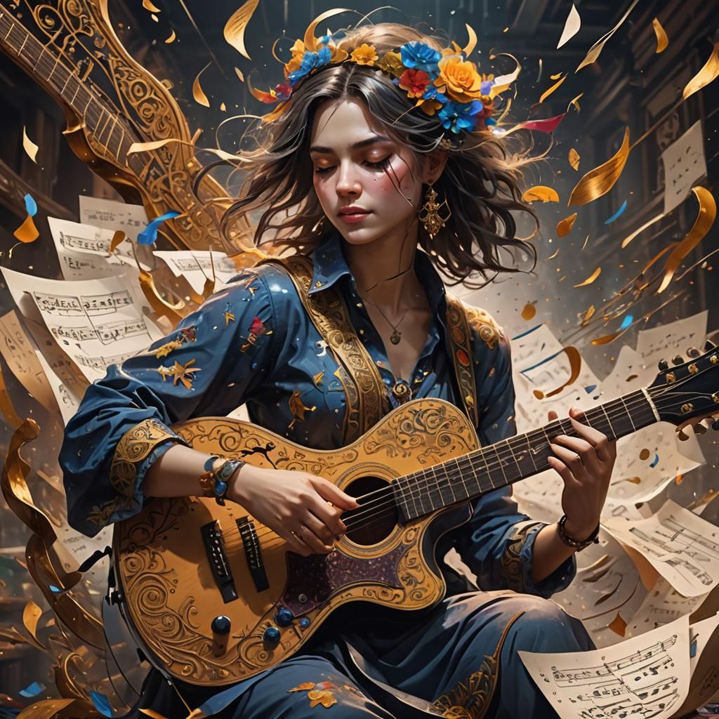 Woman Playing Guitar with Musical Notes