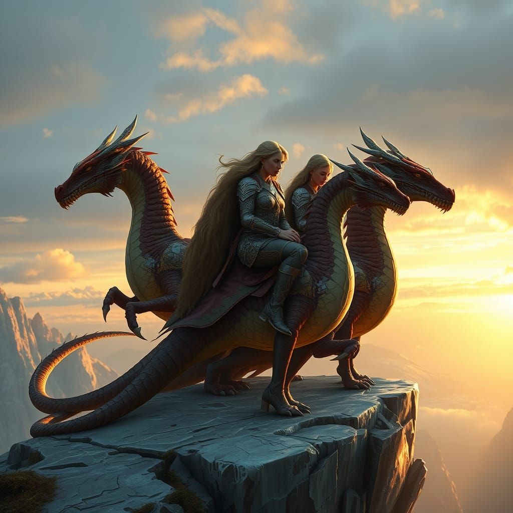 Dragon Riders on Crystalline Cliff at Dawn