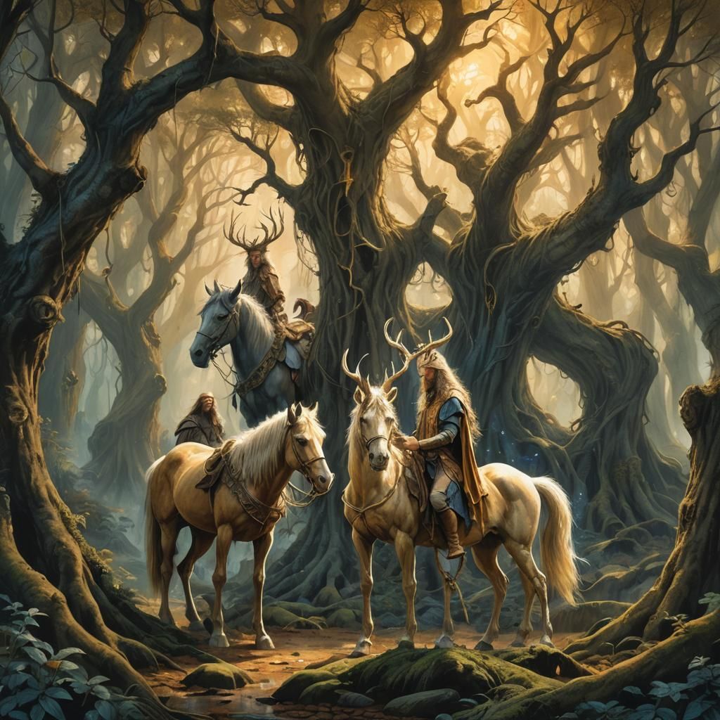 Centaurs and Wizards in Mystical Forest