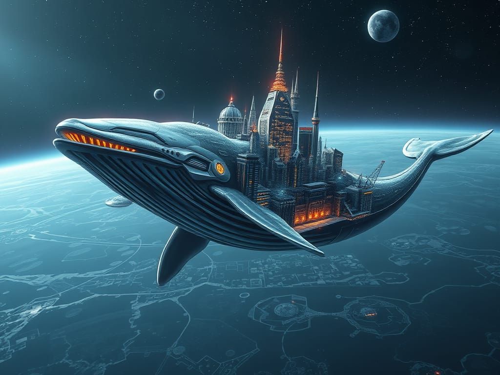 Glowing Cyberpunk Metropolis on a Silver Space Whale in Deep...