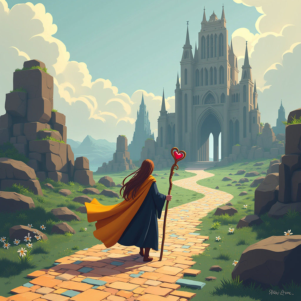 Mystical Figure on Mosaic Path to Gothic Castle