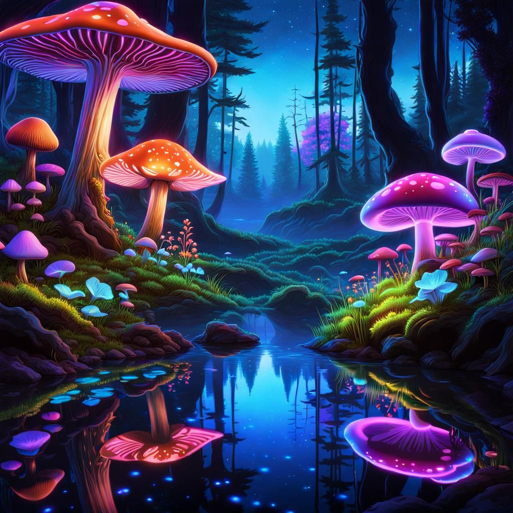 Bioluminescent Mushroom Forest Under Starry Sky
