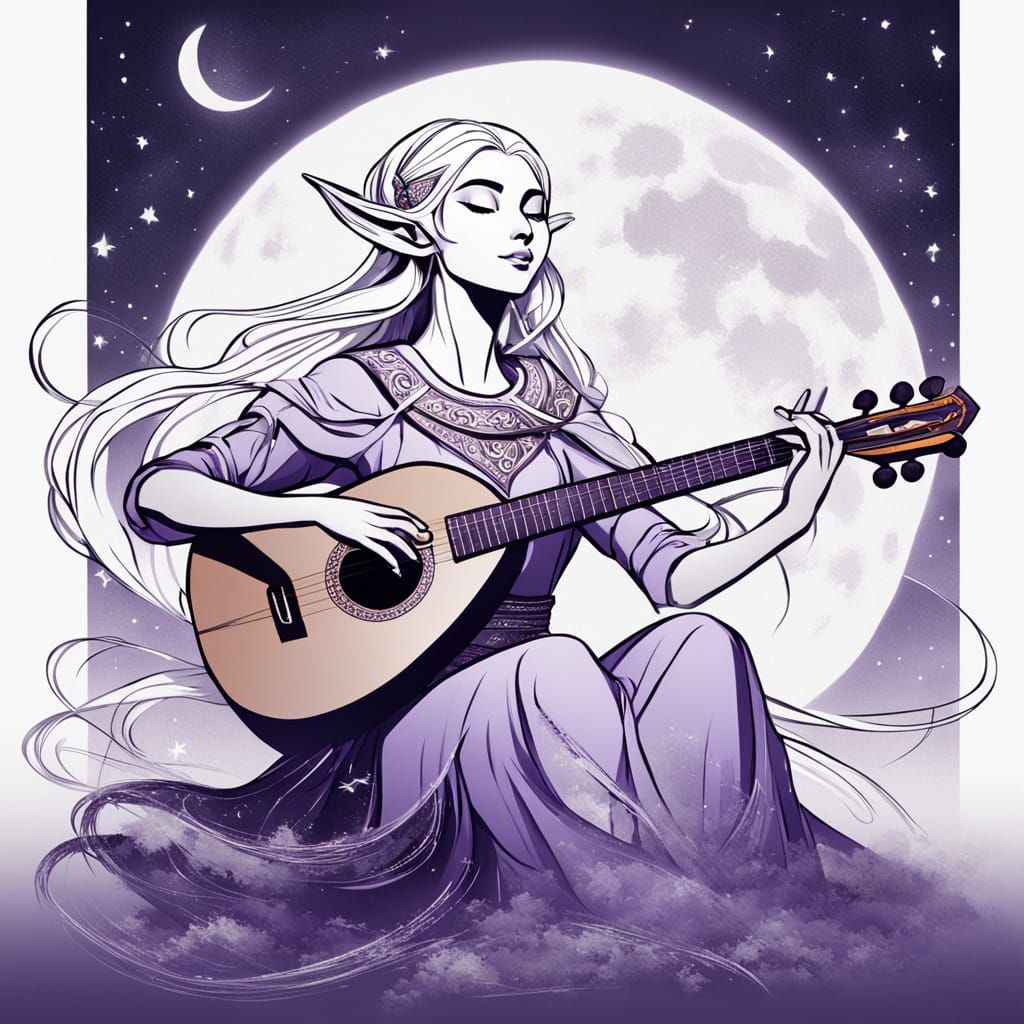 Elven Princess Lute Player in Monochromatic Artwork