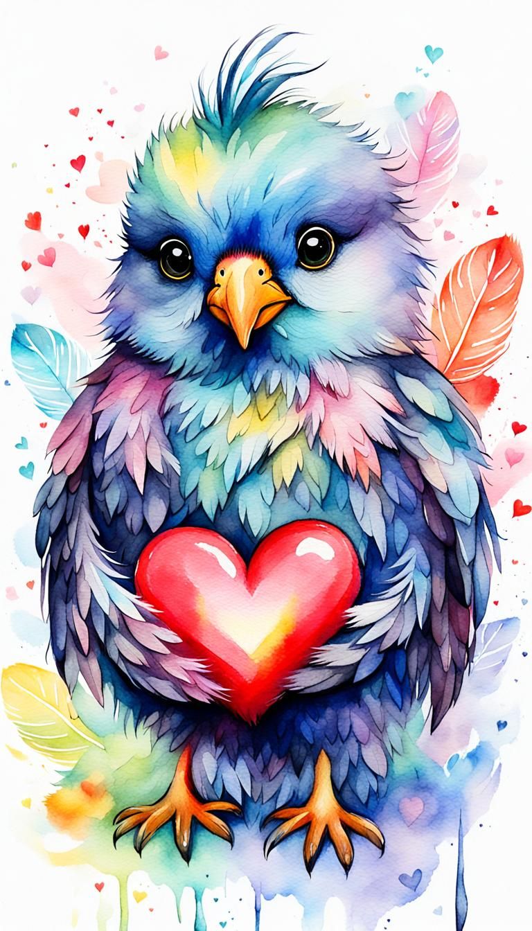 Fluffy Bird Holding Heart in Pastel Watercolor