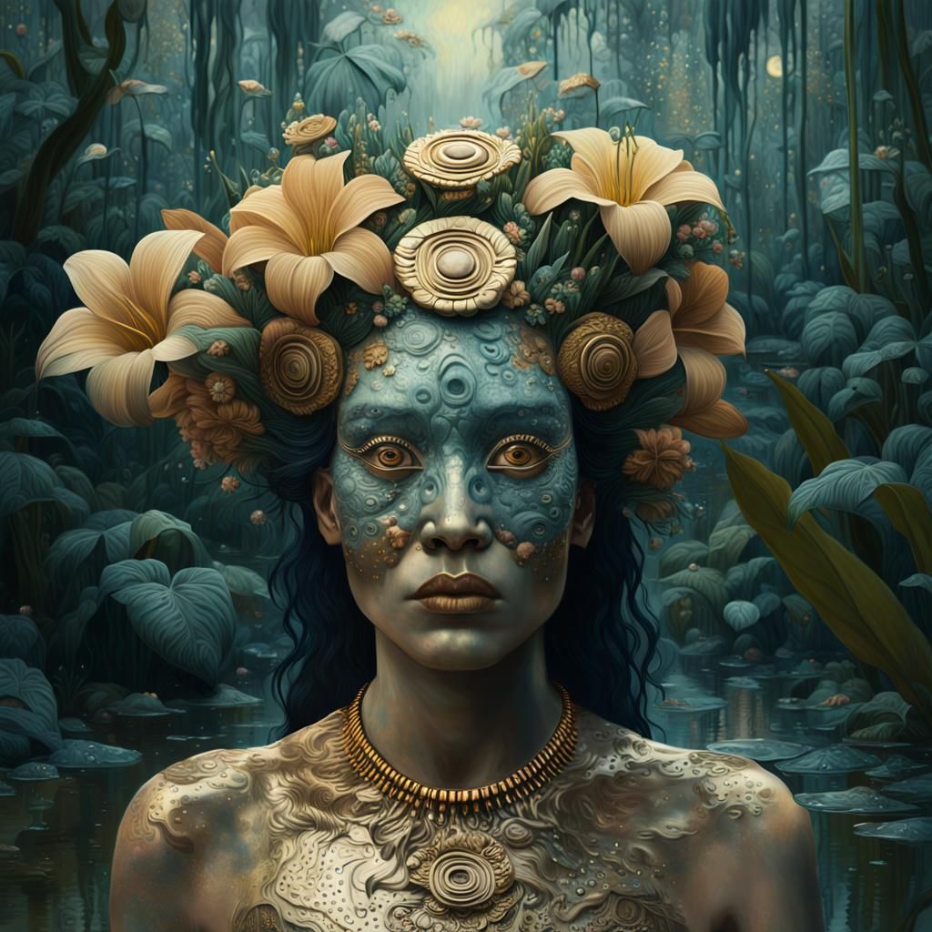 Surreal Woman with Cyclops Flowers in Fantasy Forest