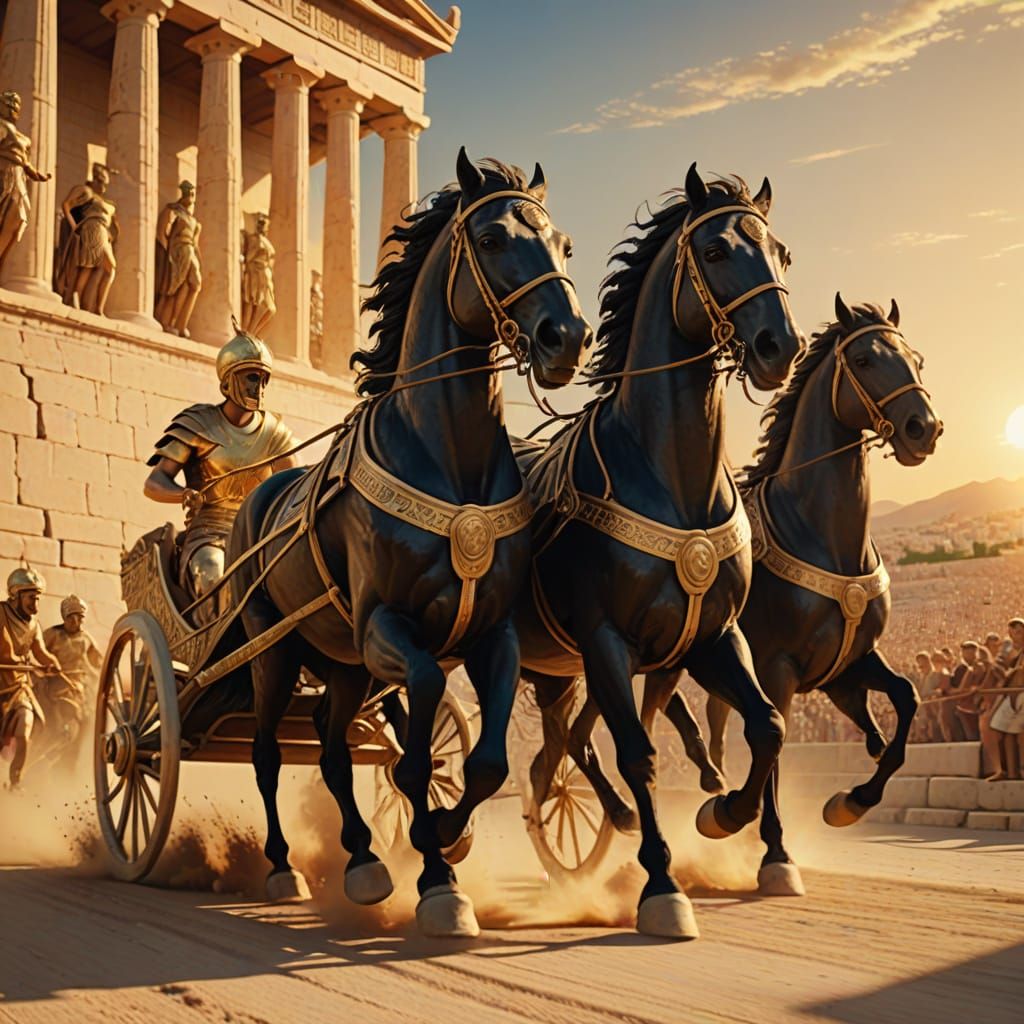 Ancient Greek Chariot Racing in Vibrant Sunset Colors