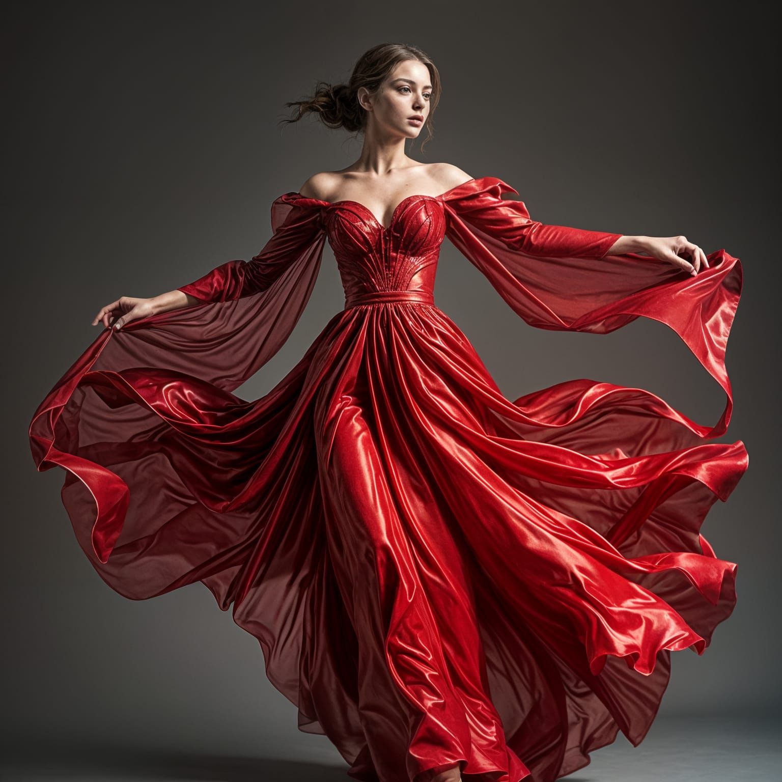 Hyperrealistic Woman in Stunning Liquid Red Dress