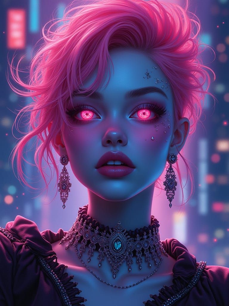 Neon Punk Cyborg Portrait in Acrylics