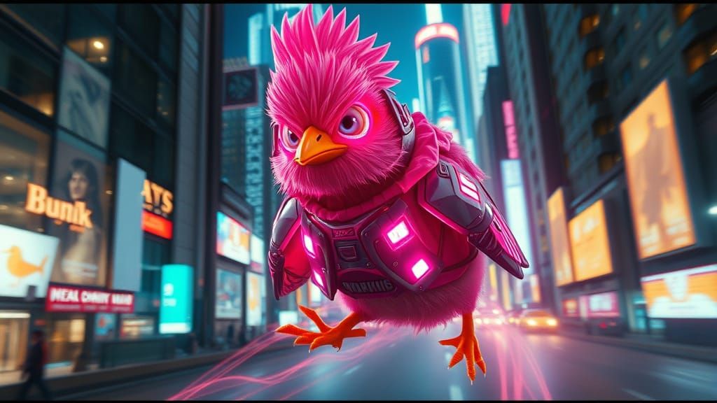 Grumpy Chick Races Through Cyberpunk Cityscape