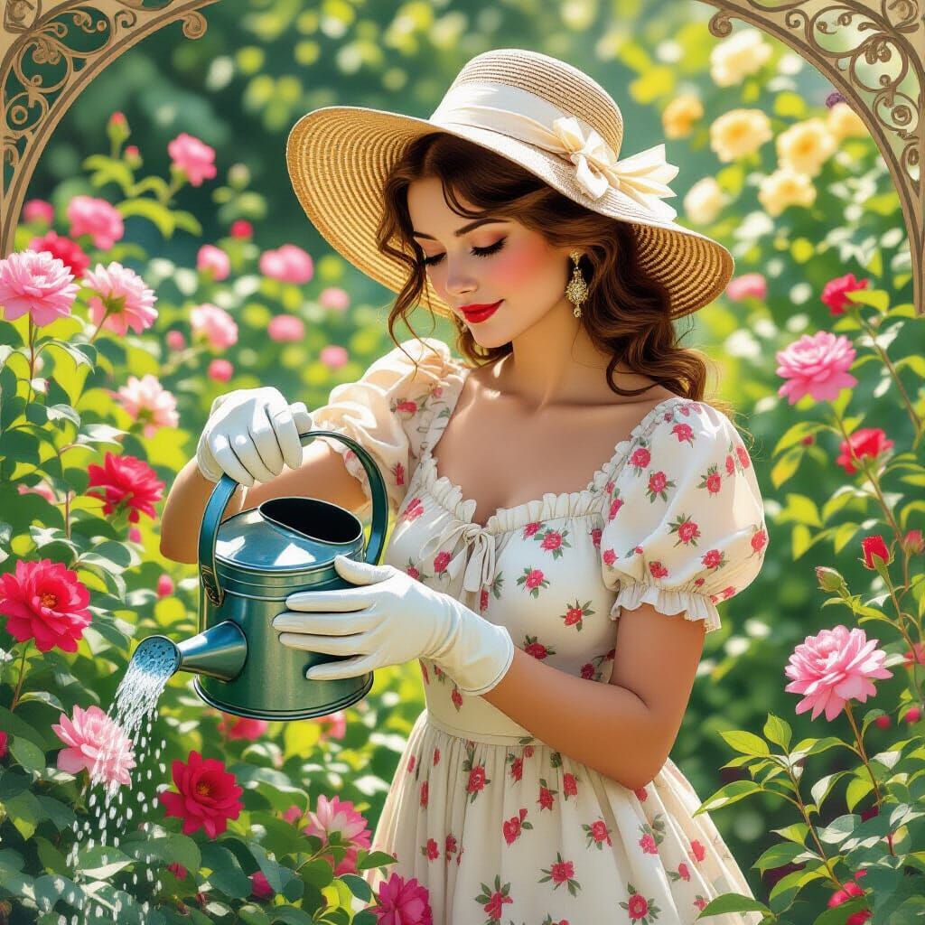 Woman Watering Flowers in Alphonse Mucha Style