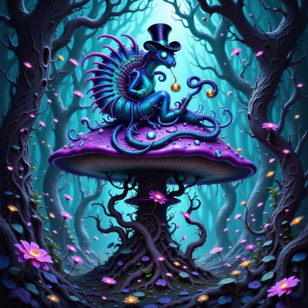 Blue Caterpillar Smoking Hookah on Bioluminescent Mushroom