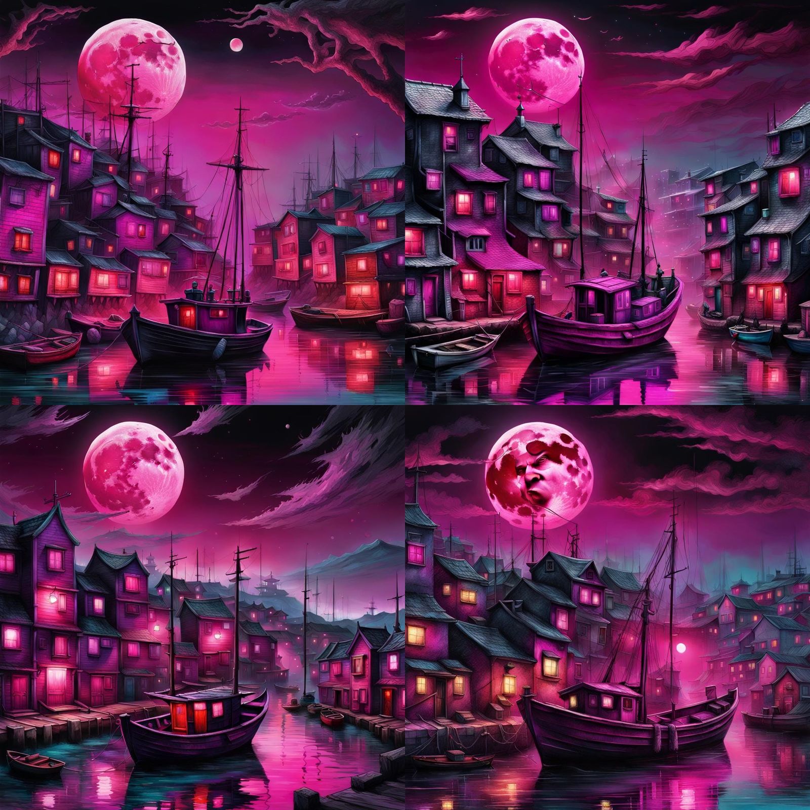 Vaporwave Fishing Town Harbor Under Red Moon