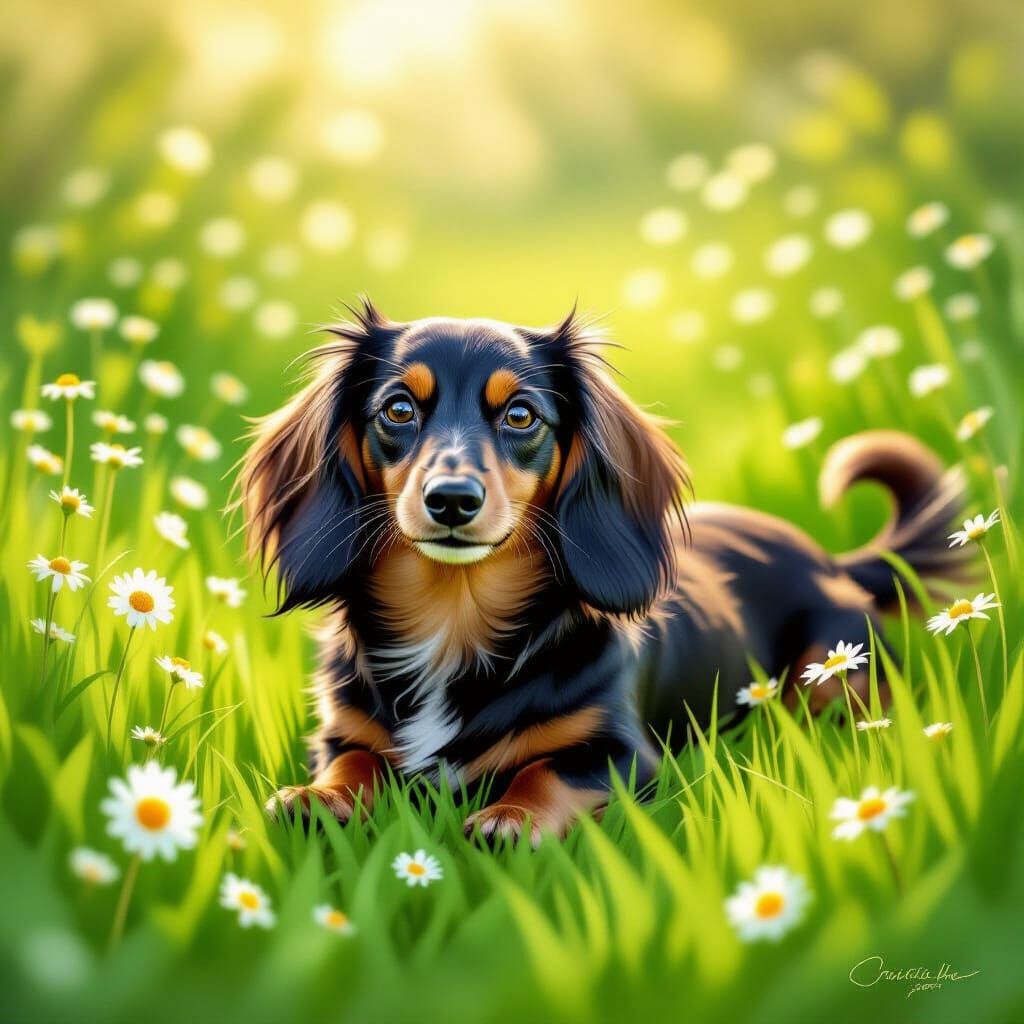 Dachshund Among Daisies in Whimsical Illustration Style