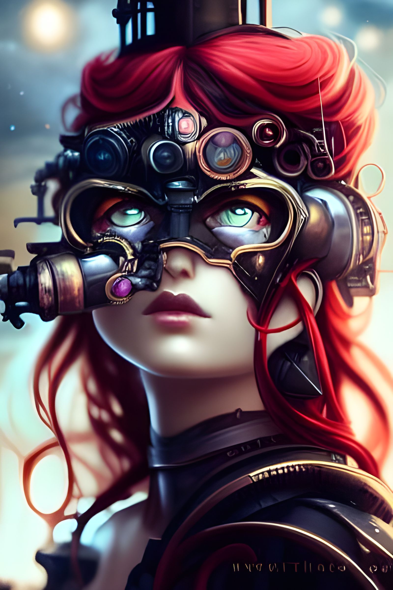 Steampunk Goddess with Red Hair in Cityscape