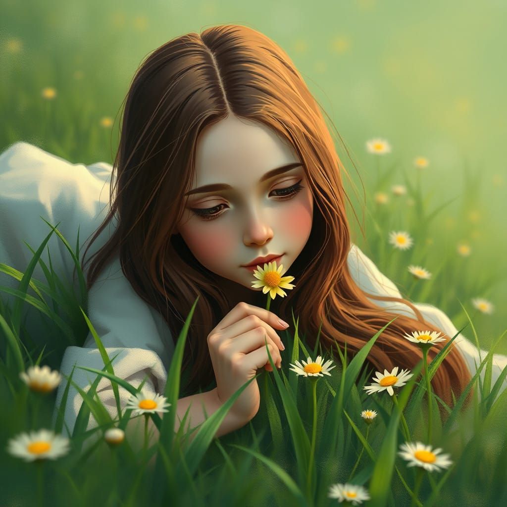 Girl Among Sunlit Wildflowers in Dreamlike Landscape